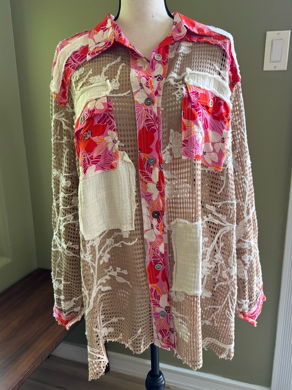 POL 100% Cotton Patchwork Button Up Shirt